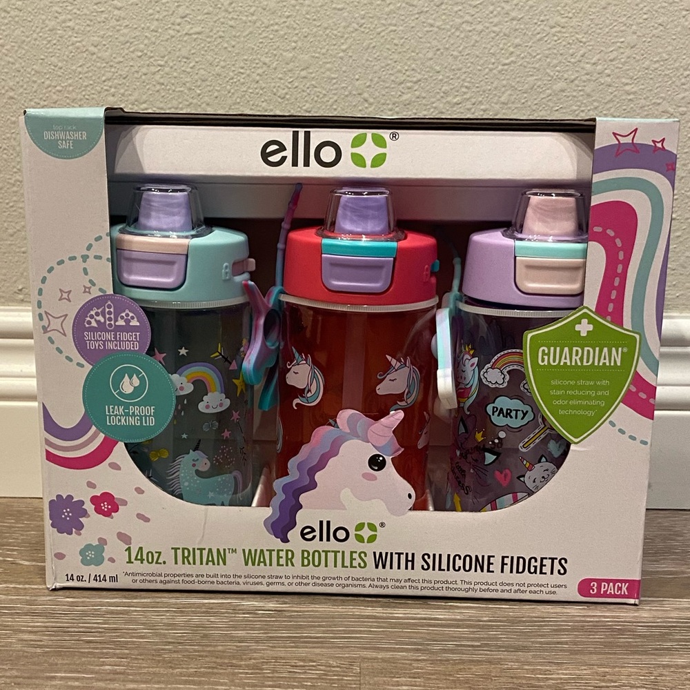 NIB Ello 3 Pack Girls Water Bottles with 3 Pop Its